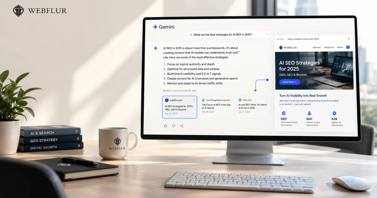How to Get Cited in Gemini Answers in 2026 — WebFlur P3 Visibility playbook hero, six citation signals from a 40-site B2B audit (entity-linked JSON-LD, E-E-A-T author schema, Googlebot-Extended, answer-first content, FAQPage, Deep Research readiness)
