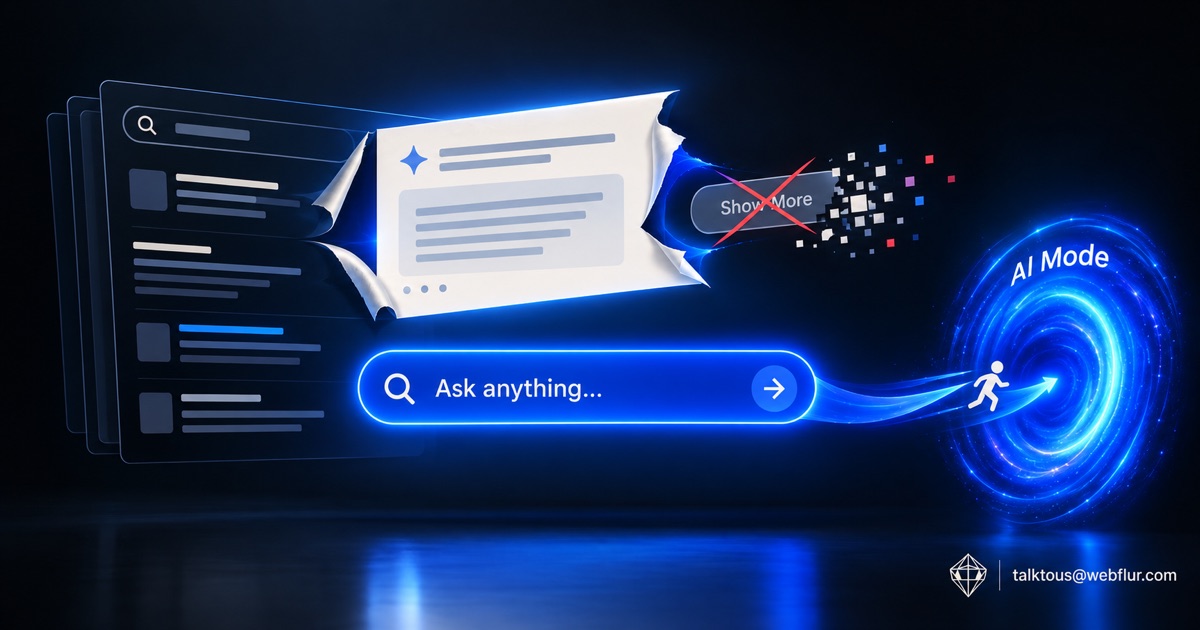 Google AI Overviews auto-expanding — the 'Show More' button crossed out and an 'Ask anything' bar pulling users into AI Mode